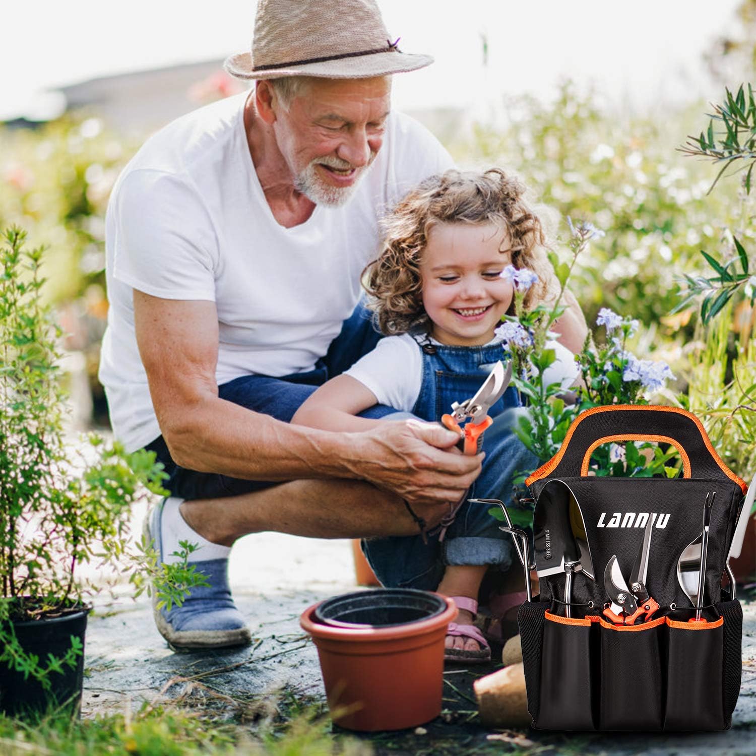 9 Piece Garden Tool Set | Heavy Duty Stainless Steel, Ergonomic Non-Slip Rubber Handles, Pruning Shears, Trowel, 600D