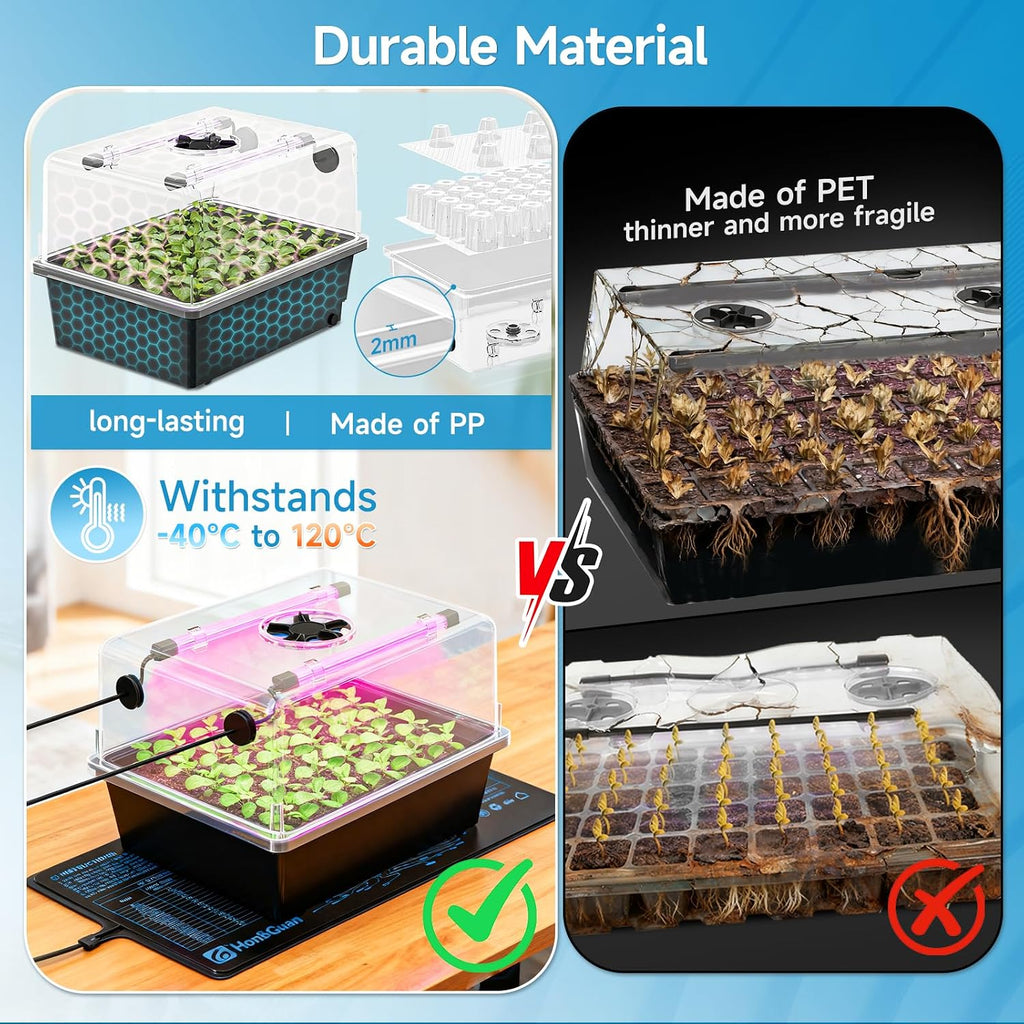 Hon&Guan 30-Cell Seed Starting Kit with Heat Mat and LED Grow Lights | 30-cell PP seedling tray, 5.3" dome with vents