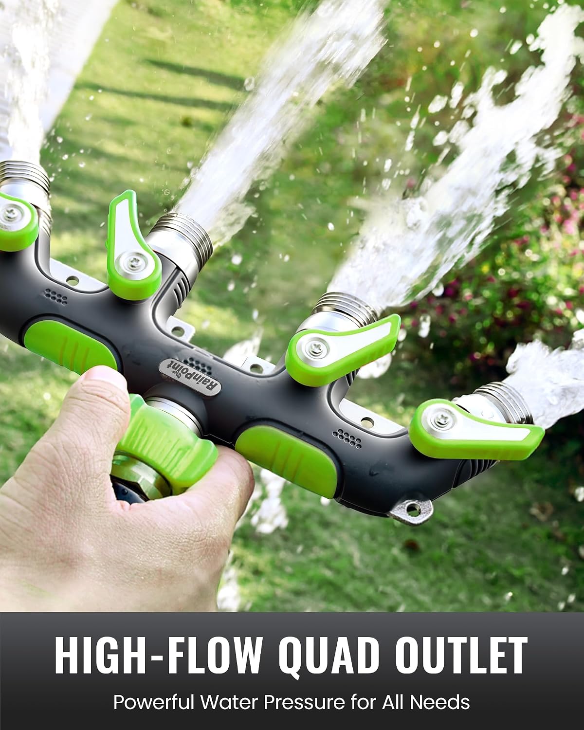RAINPOINT 4 Way Garden Hose Splitter, 100% Metal Heavy Duty Water Hose Splitter with Individual Shut-Off Valves, 3/4"