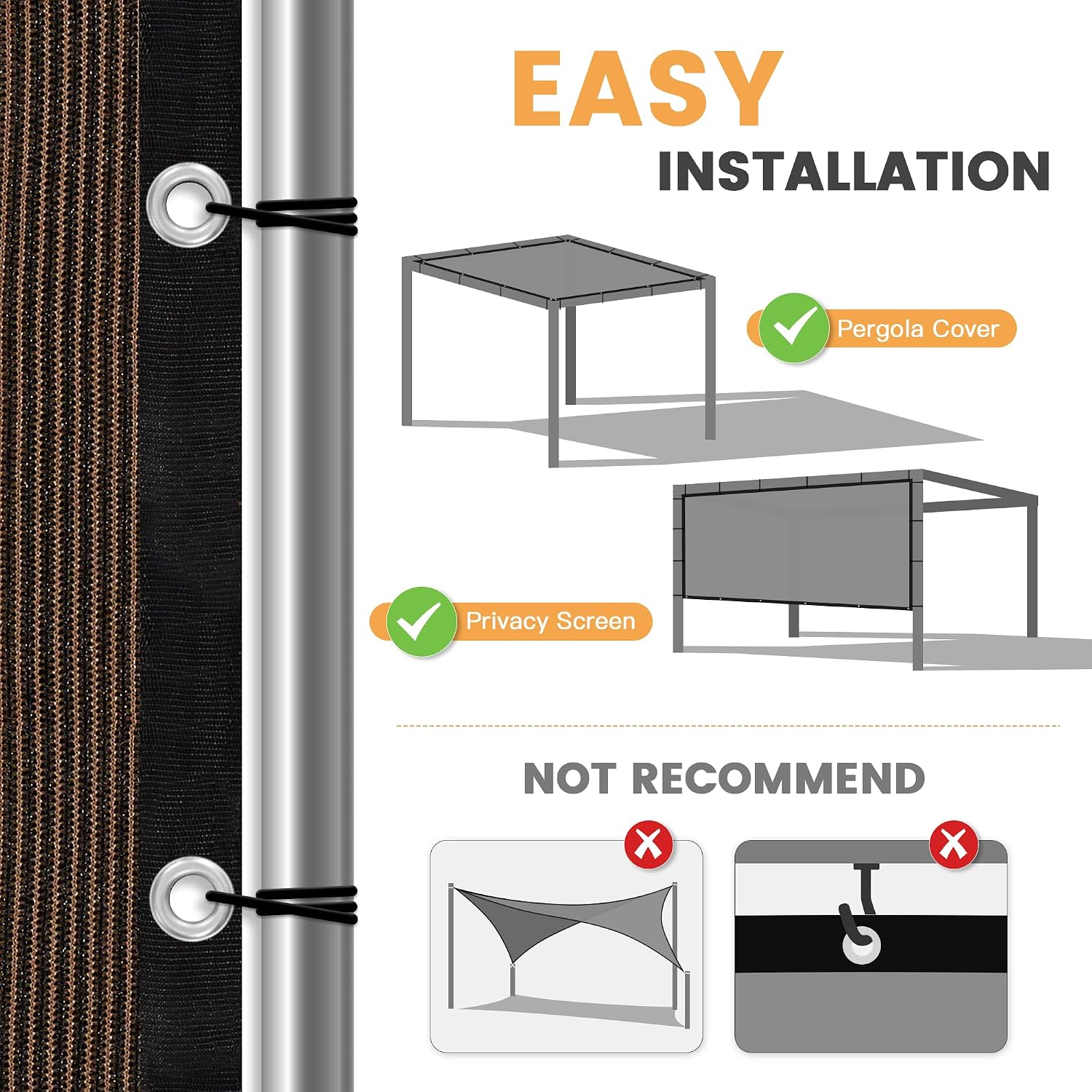 VICLLAX Shade Fabric Sun Shade Cloth Privacy Screen with Grommets for Patio Garden Pergola Cover Canopy 6x10 FT, Mocha