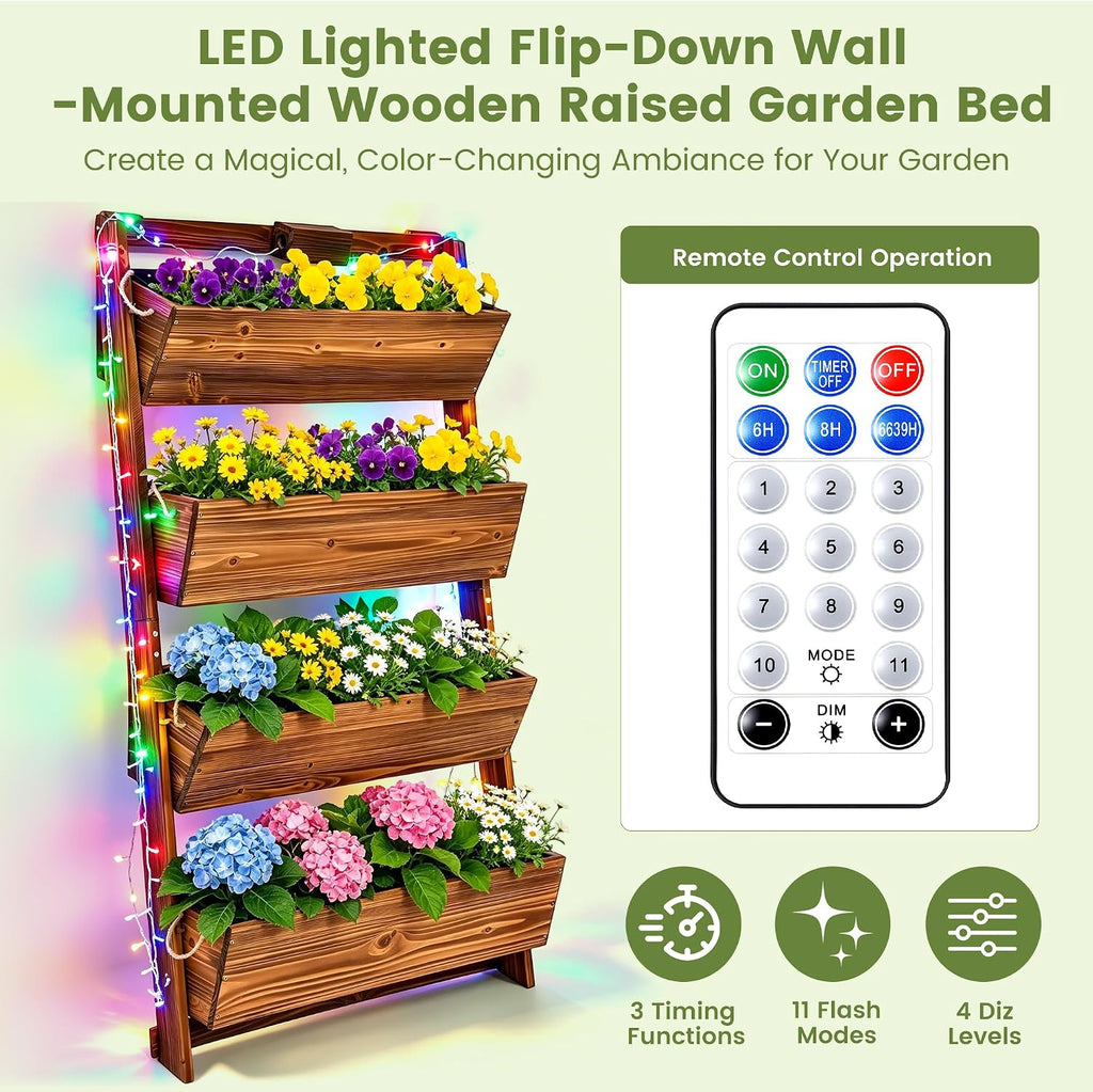 51" 4-Tier Vertical Garden Planter with LED Lights | Wooden Raised Garden Bed for Outdoor Herbs & Flowers, Wall-Leaning