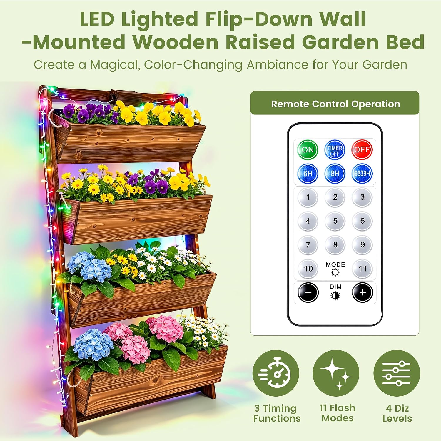 51" 4-Tier Vertical Garden Planter with LED Lights | Wooden Raised Garden Bed for Outdoor Herbs & Flowers, Wall-Leaning