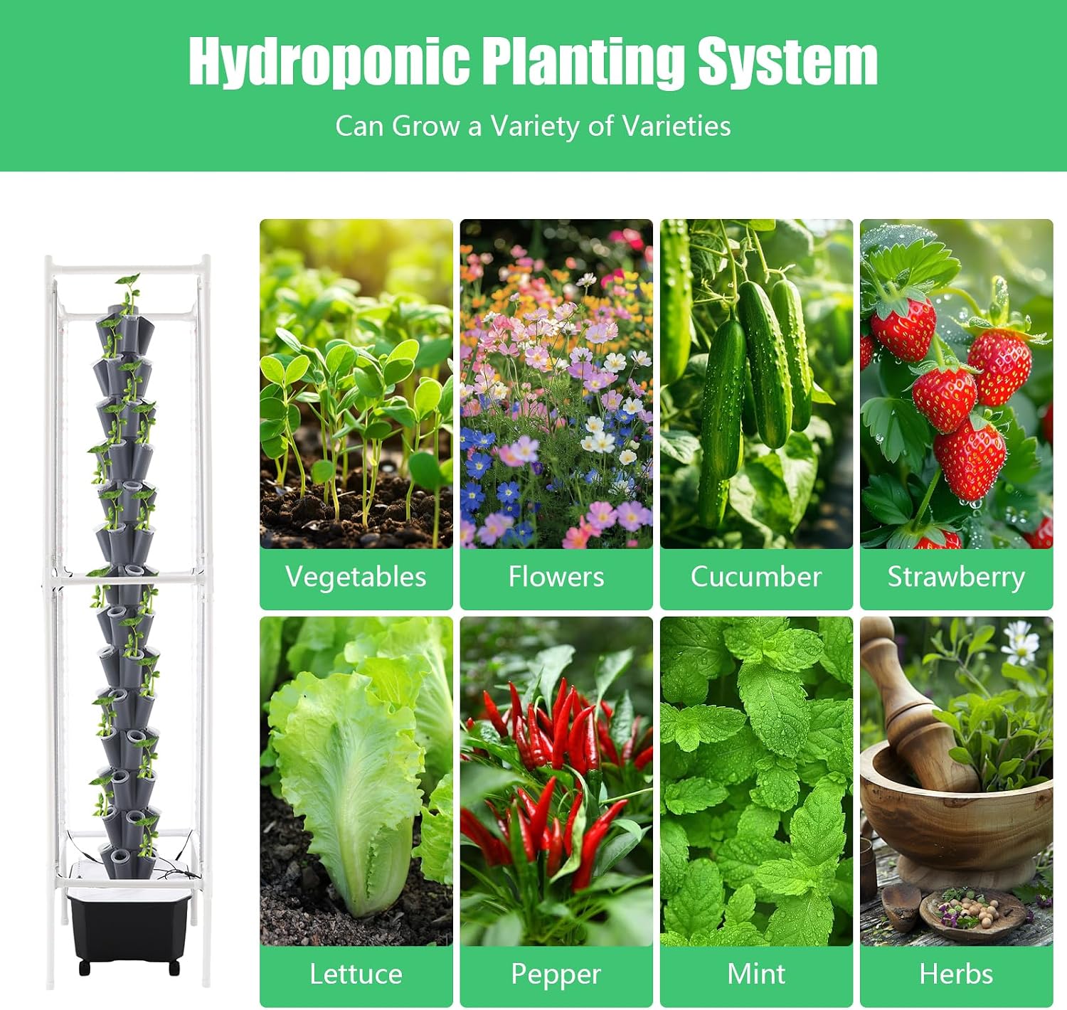 70 Holes Indoor Hydroponic Grow Tower with 8 LED Lights, 14 Layer Vertical Hydroponic Gardening Tower with Wheels