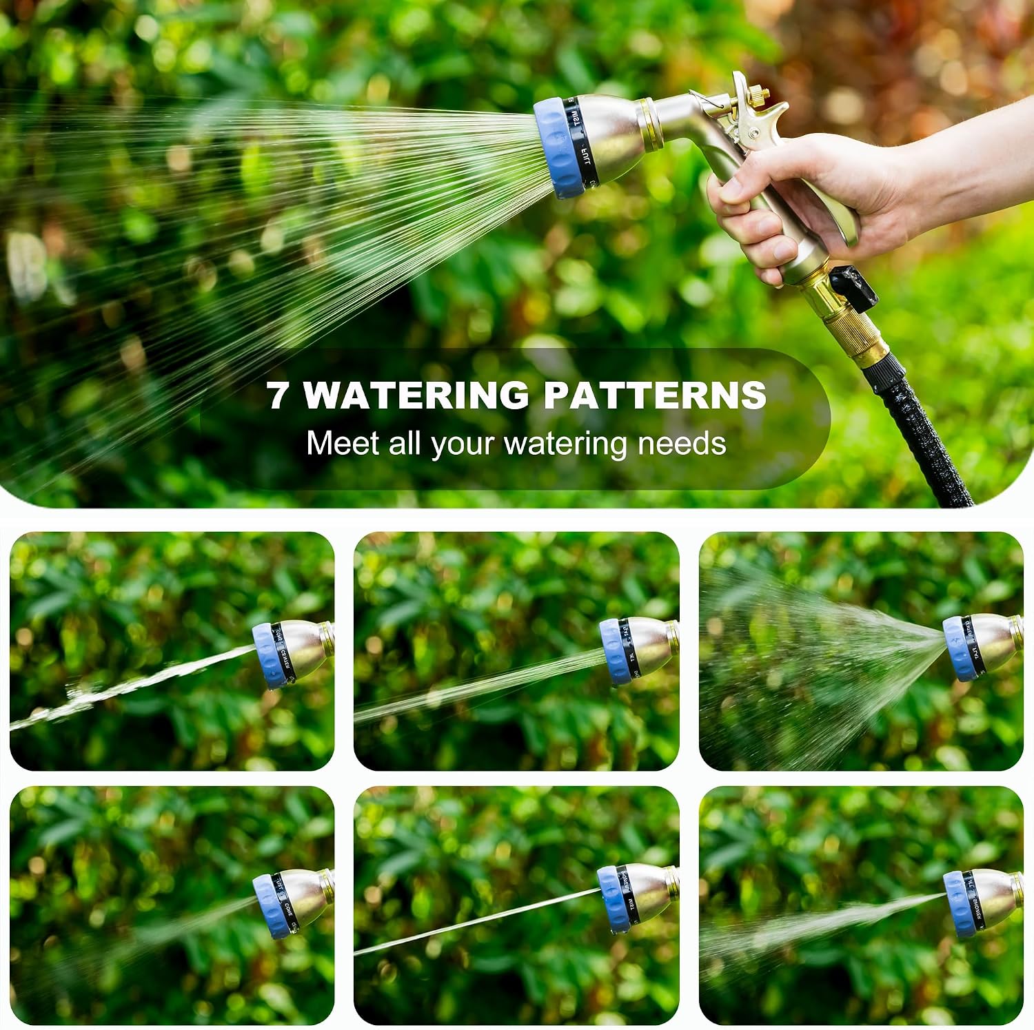 HOSUN Heavy Duty Garden Hose Nozzle, 100% Metal Adjustable Water Sprayer | 7 Spray Patterns, Rear Trigger with Lock