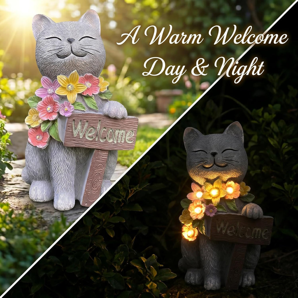 Solar Cat Garden Statue for Outdoor Decor, Cat Solar Light | Resin Welcome Cat with Flowers for Garden, Yard, Lawn