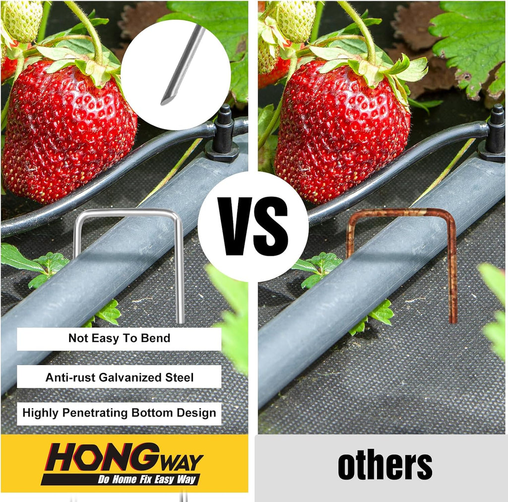 HongWay 500 Pack Landscape Staples 4 Inch, Galvanized Garden Stakes | 12 Gauge Ground Staples Sod Pins Yard Stakes for