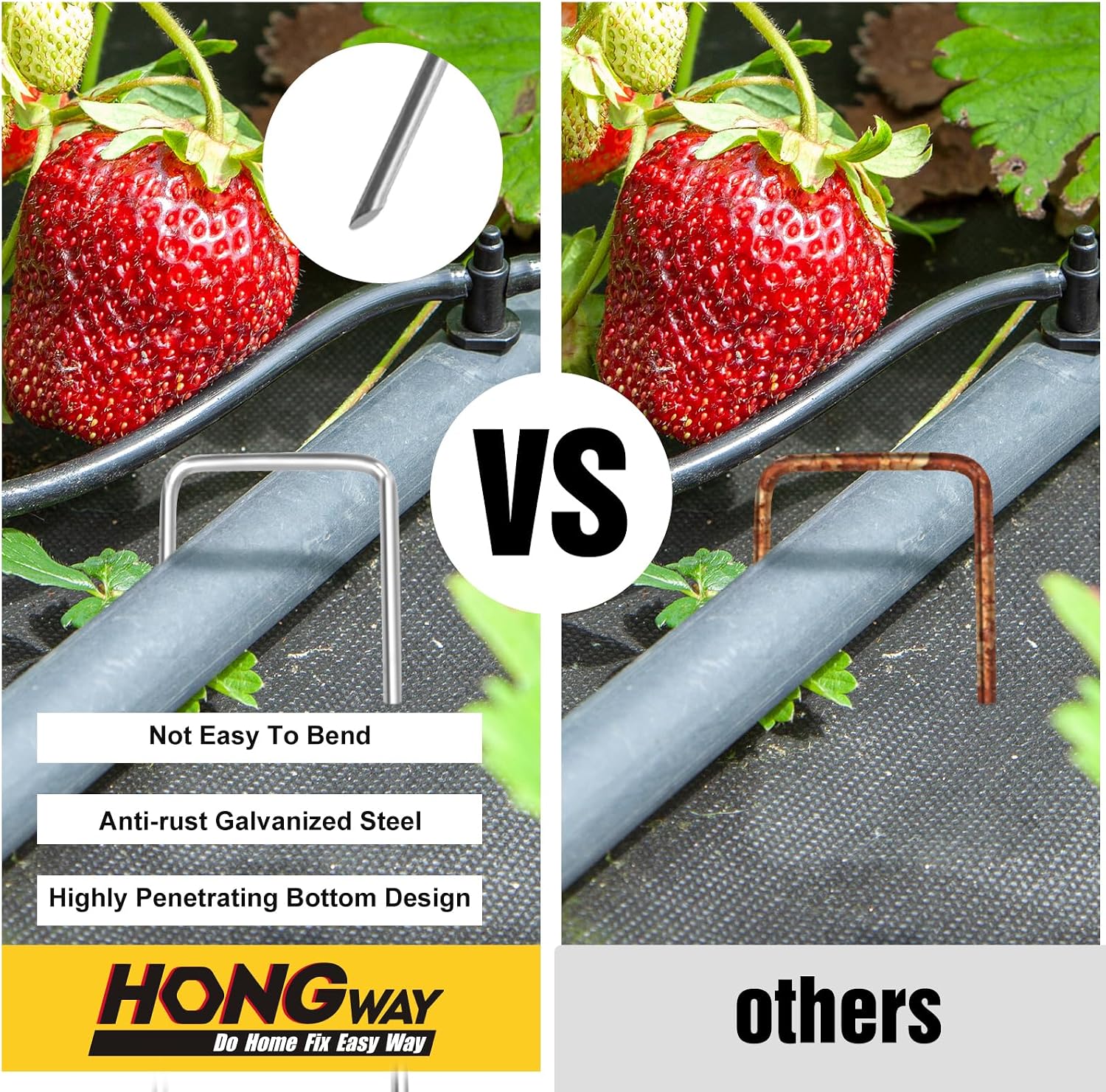 HongWay 500 Pack Landscape Staples 4 Inch, Galvanized Garden Stakes | 12 Gauge Ground Staples Sod Pins Yard Stakes for