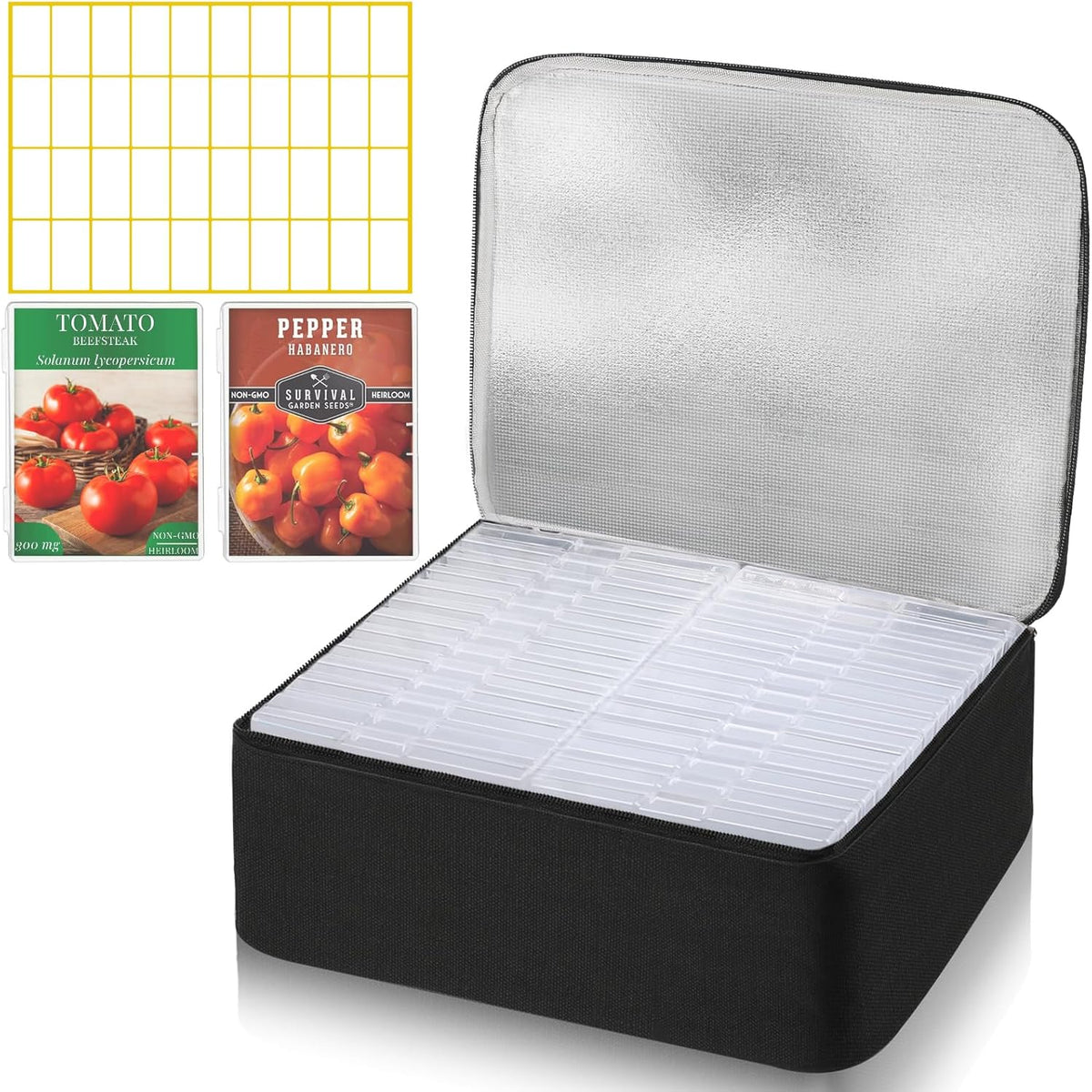 26 Slots Seed Storage Organizer Box with Insulated Bag That Holds 80-200 Seed Envelopes, Oxford Cloth Garden Seed