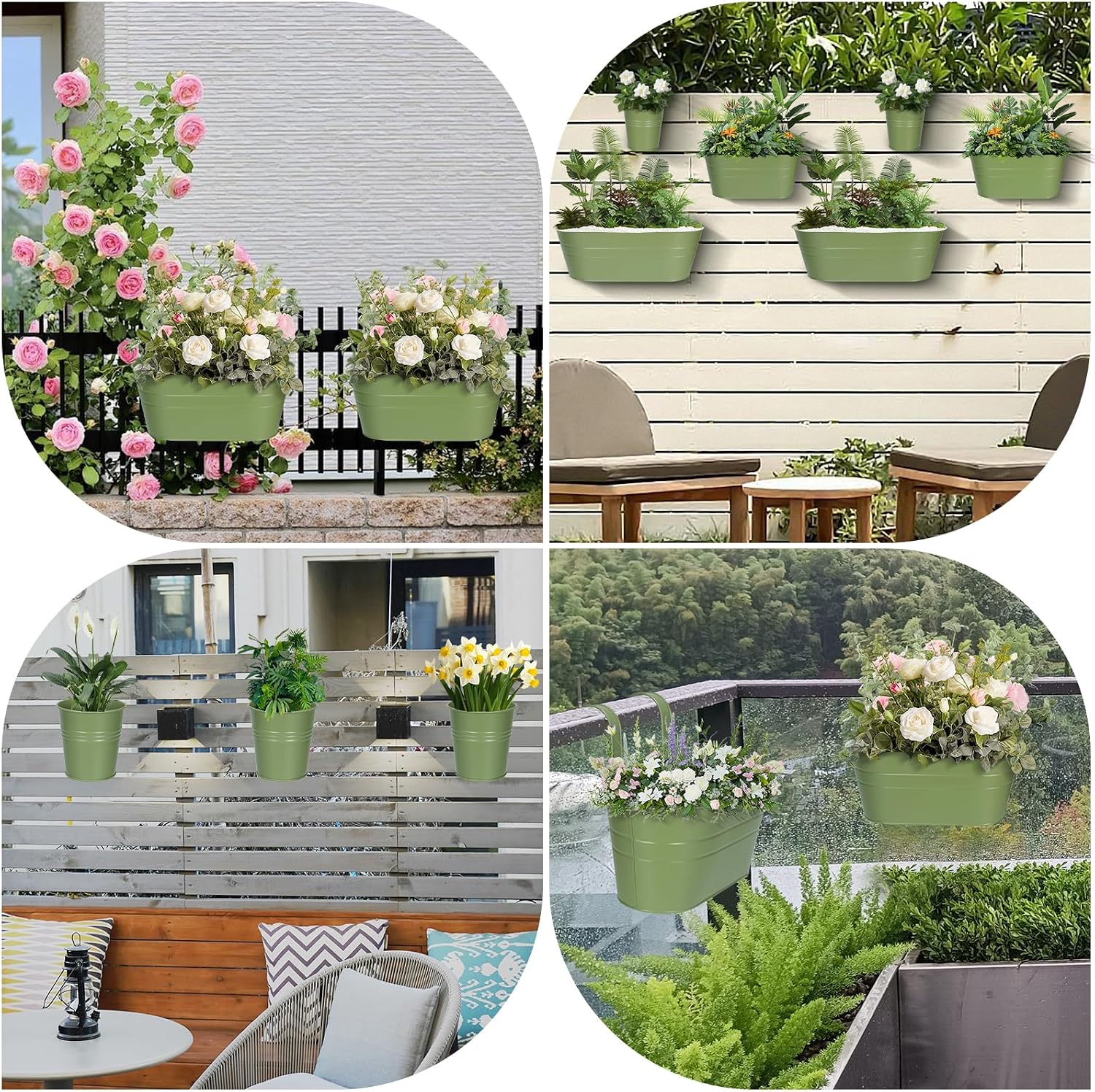3 Different Size Metal Iron Hanging Flower Pots 10 Pcs for Outdoor Plants Metal Hanging Bucket Pots Iron Railing Fence