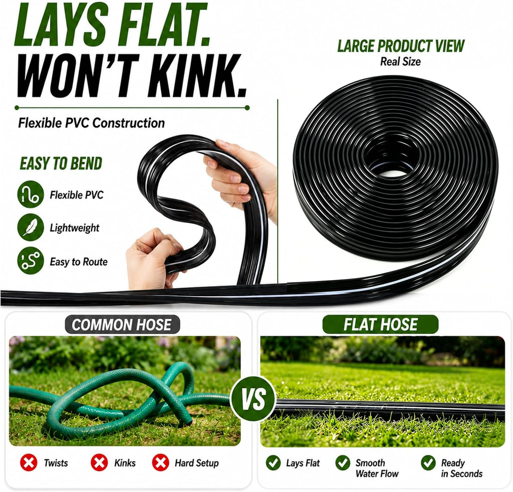Sprinkler Hose with Holes, Flat Soaker Hose 100 Ft (25 ft 4pack) with Garden Staples and Splitters, Watering Drip