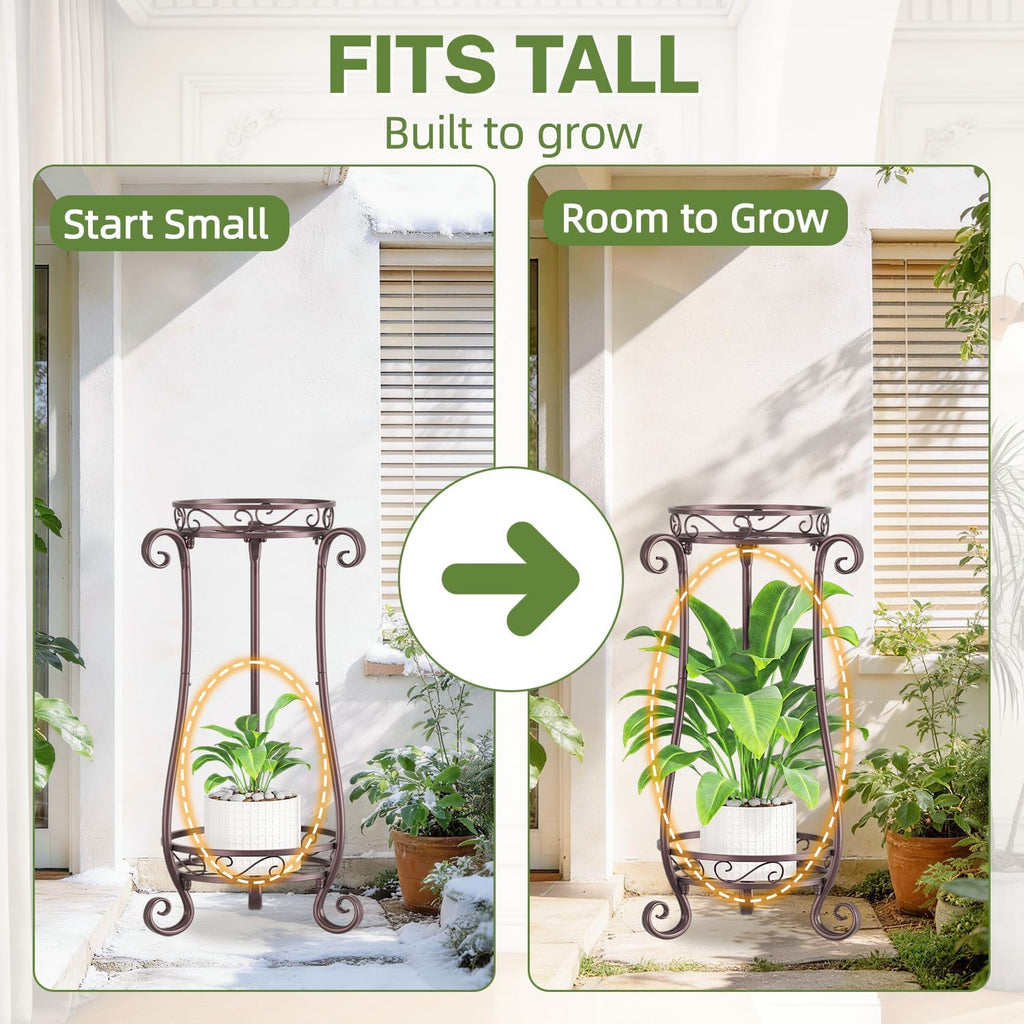 iDavosic.ly 2 Tier Tall Metal Plant Stand Outdoor Indoor, 27 Inch, Bronze | Corner Flower Pot Holder Shelf, Wrought