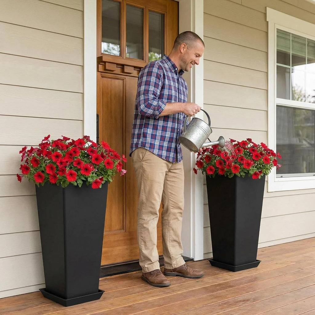 FENCY Set of 2 Tall Planters for Outdoor Plants, Black | 24 Inch Plant Pots with Drainage Hole & Trays, Plastic Tapered
