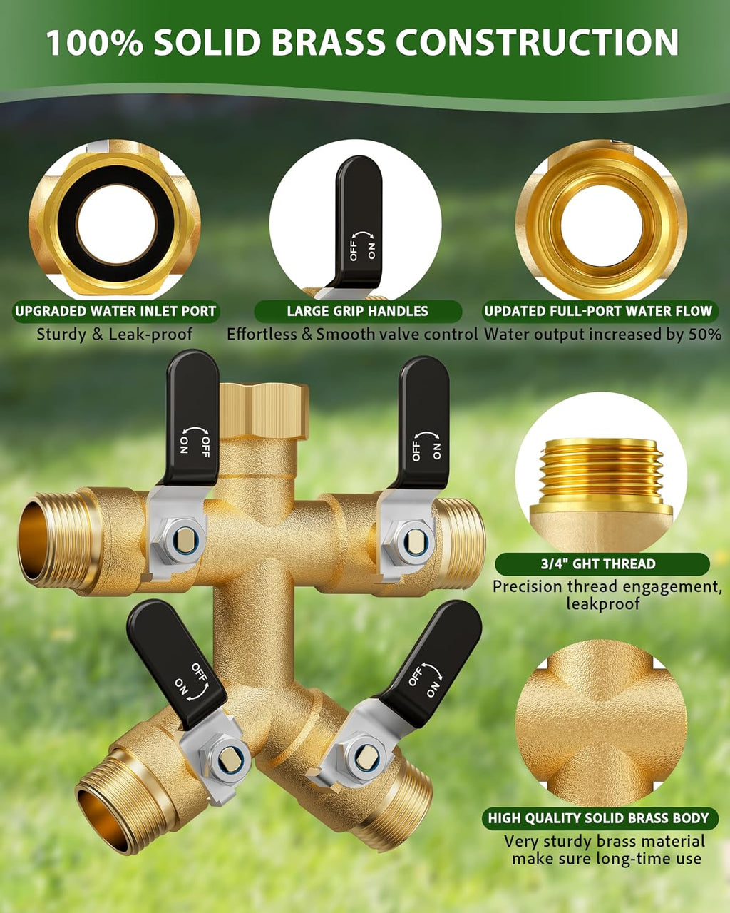4 Way Hose Splitter, Heavy Duty Brass Garden Hose Splitter, Water Hose Bib Spigot Splitter with 0.59" Full Flow Ball