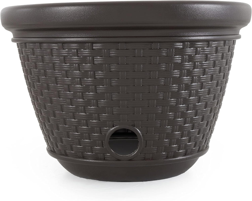 Suncast Decorative Wicker Garden Hose Holder Pot with 4 Drain Holes for 100 Foot Hoses, Java