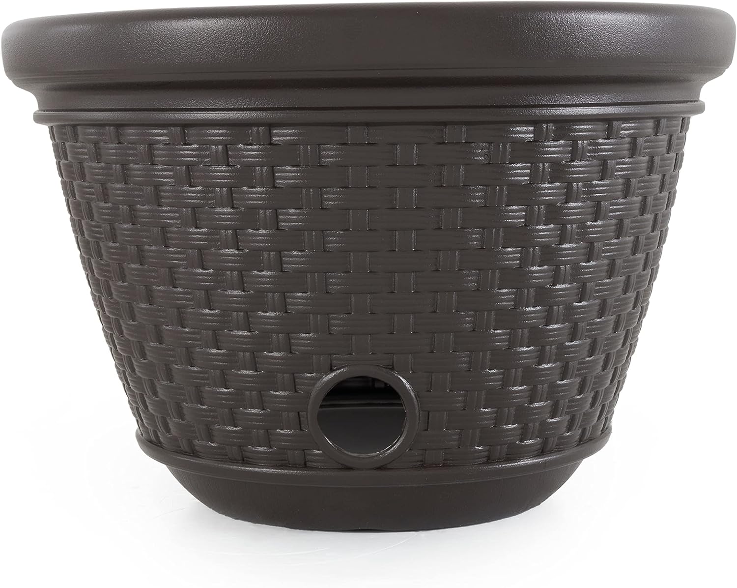 Suncast Decorative Wicker Garden Hose Holder Pot with 4 Drain Holes for 100 Foot Hoses, Java