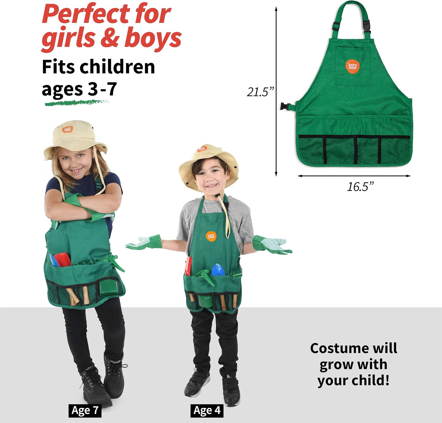 Gardener Costume Kids Outfit with Toddler Gardening Tools, 3+ | Includes machine washable apron, gloves, hat, trowel