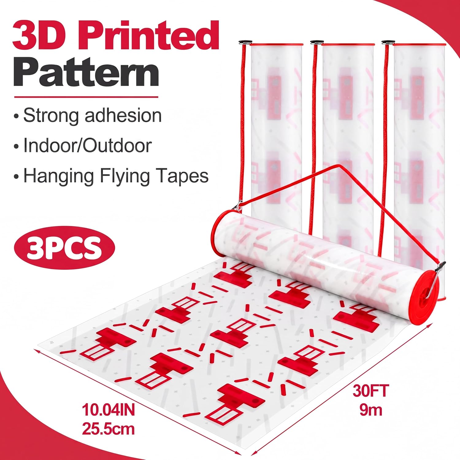 3 Rolls Fly Paper Rolls Trap with 3D Printed Pattern, 360" x 10" Hanging Fly Sticky Ribbon, Indoor Outdoor Flies