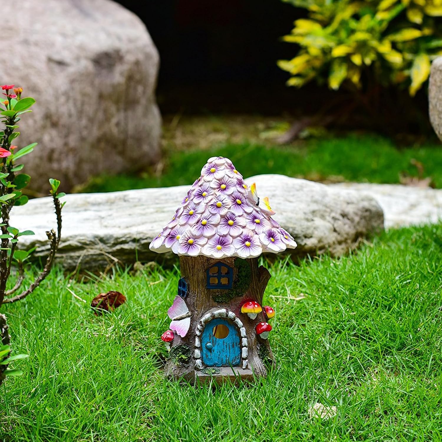 Fairy Garden House Outdoor Figurine Lights, Fairy Houses for Outside | Garden Statues Mushroom House, for Patio, Yard