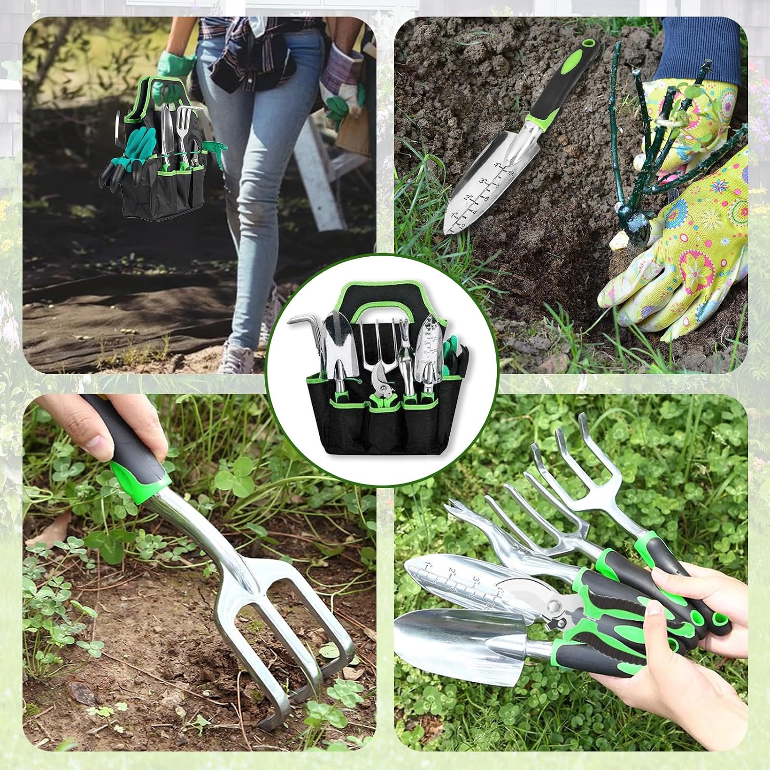 Heavy Duty Gardening Set, Featuring 9 Piece Durable Tools with Comfortable Non Slip Ergonomic Rubber Grips and A Large