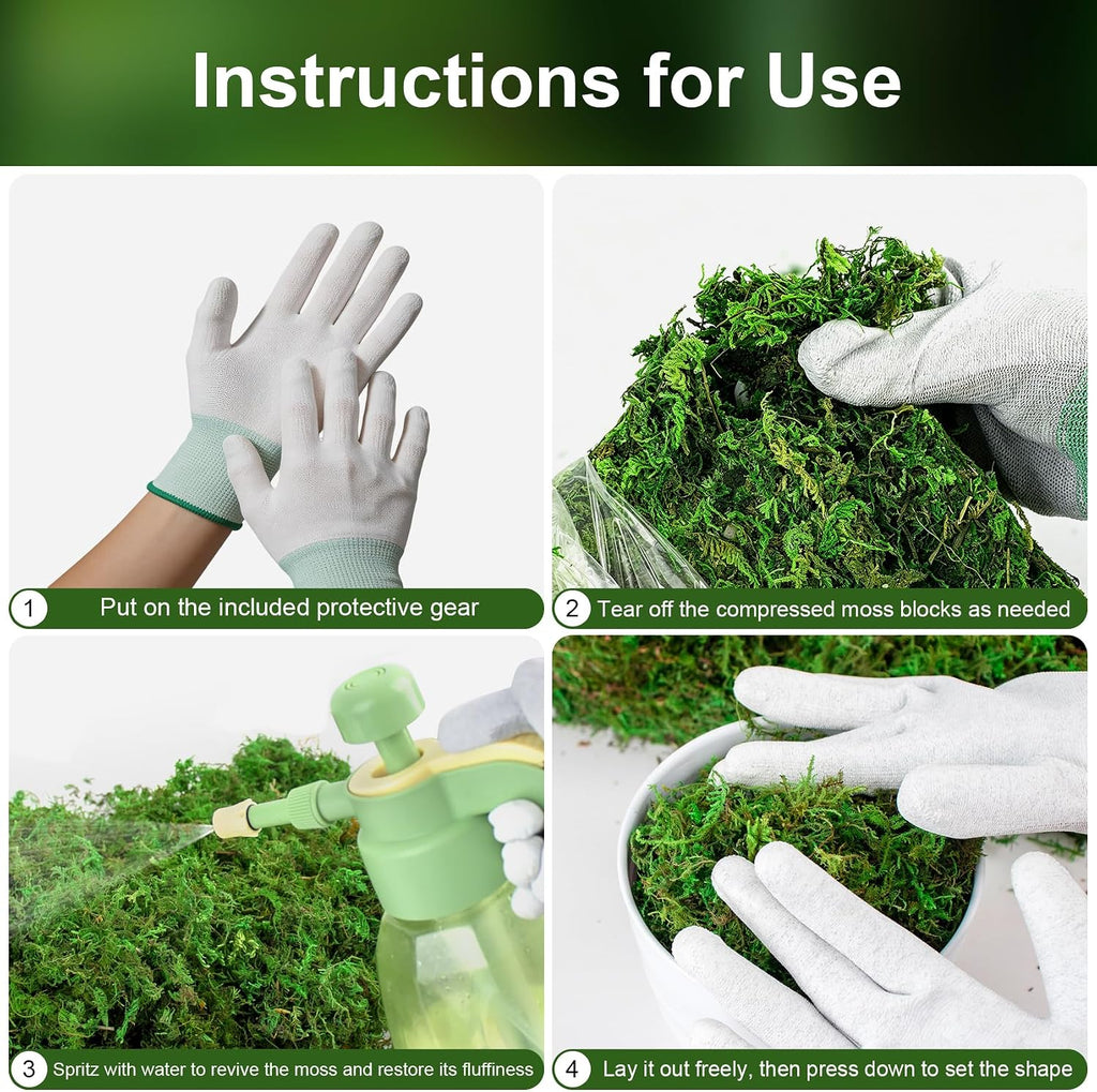 2.25LBS Artificial Fake Green Moss for Crafts Plants Indoor | Includes Gloves Tweezers， Dust Mask, Faux Moss for Potted