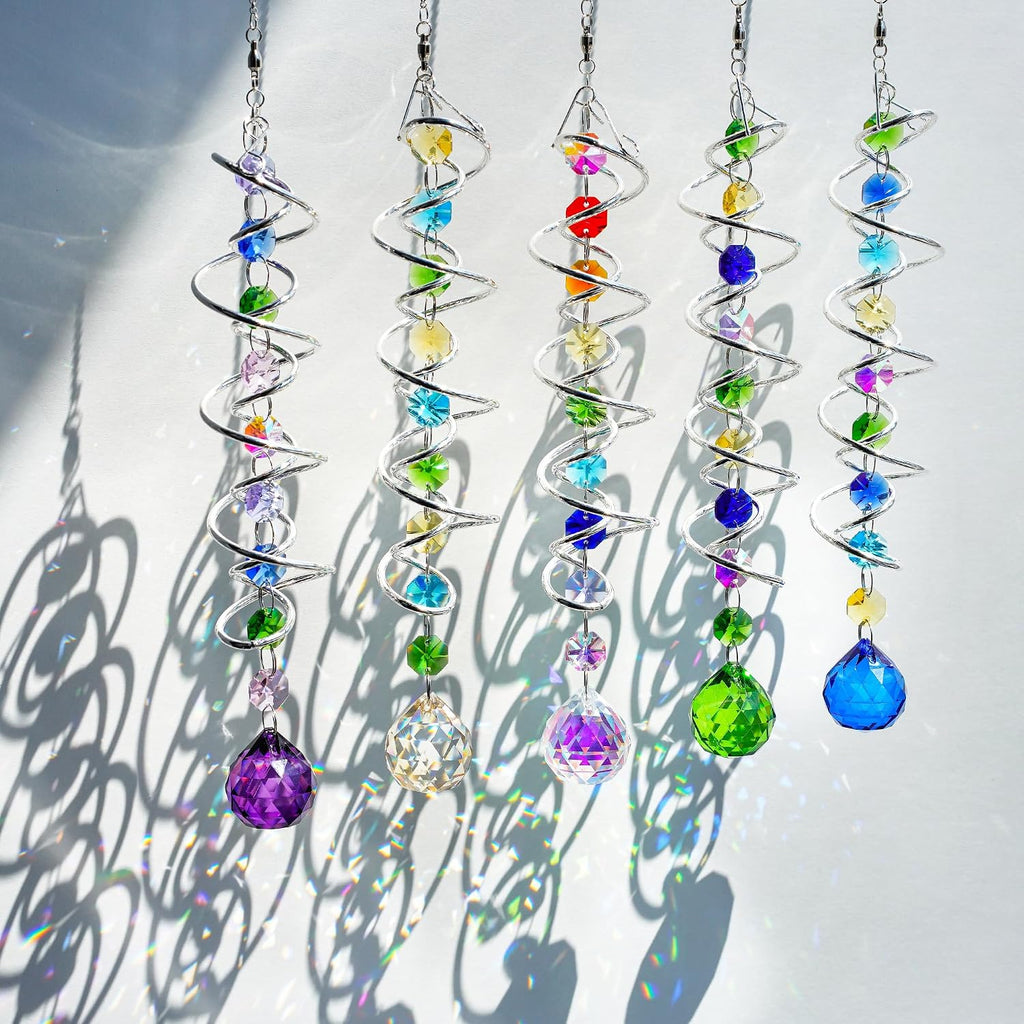 5 Pack Crystal Suncatcher Gazing Ball Spiral Wind Spinner Garden Decor | Crystal Sun Catcher Wind Spinner with Spiral