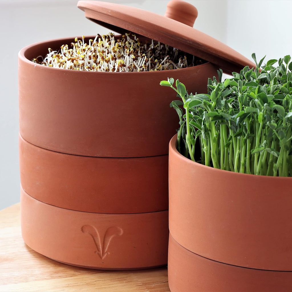 Clay Sprouter Kit | Terracotta Tower with 3 Shallow Germinating Trays, Paper Discs & Free E-Book | 2 in 1 Sprouting