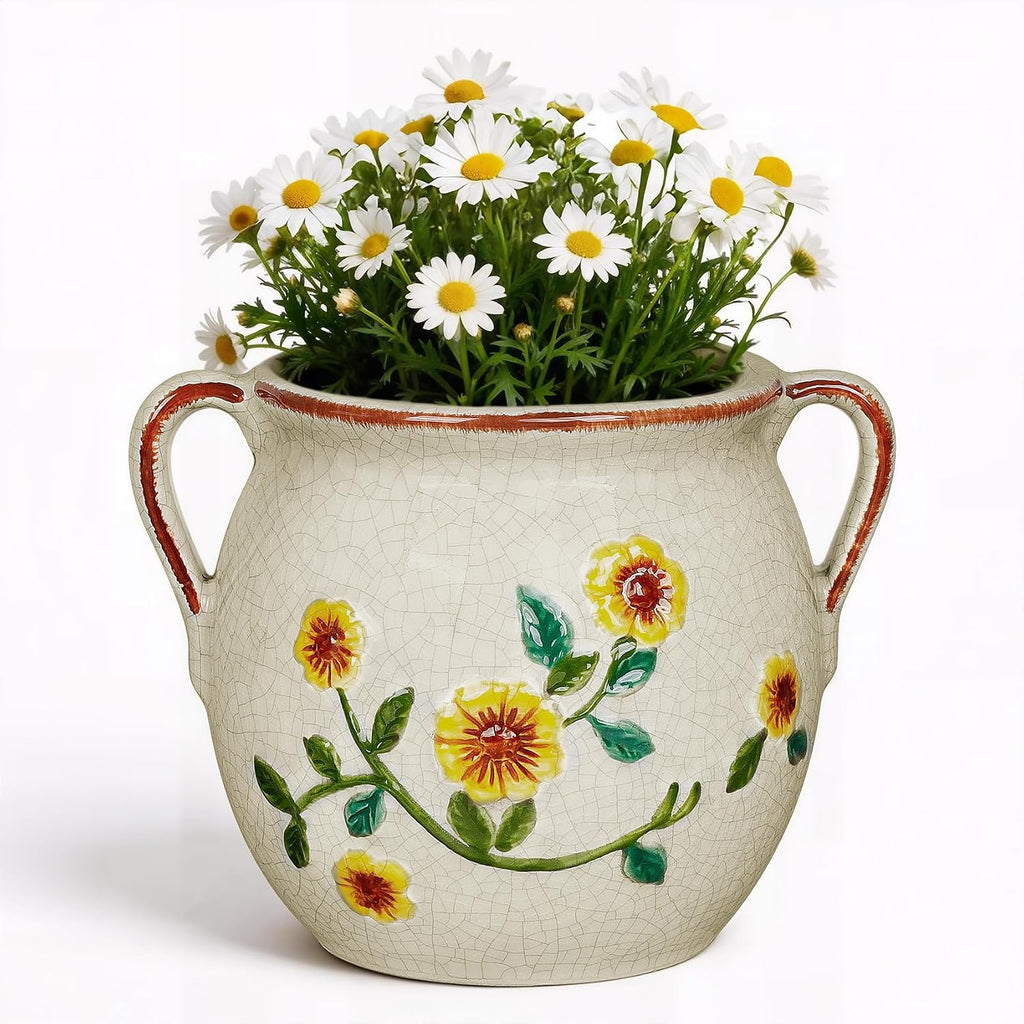 EFISPSS 6 Inch Vintage Ceramic Flower Pot with Relief Design & Handles,Ceramic Cracked Flower Pot with Drainage Hole