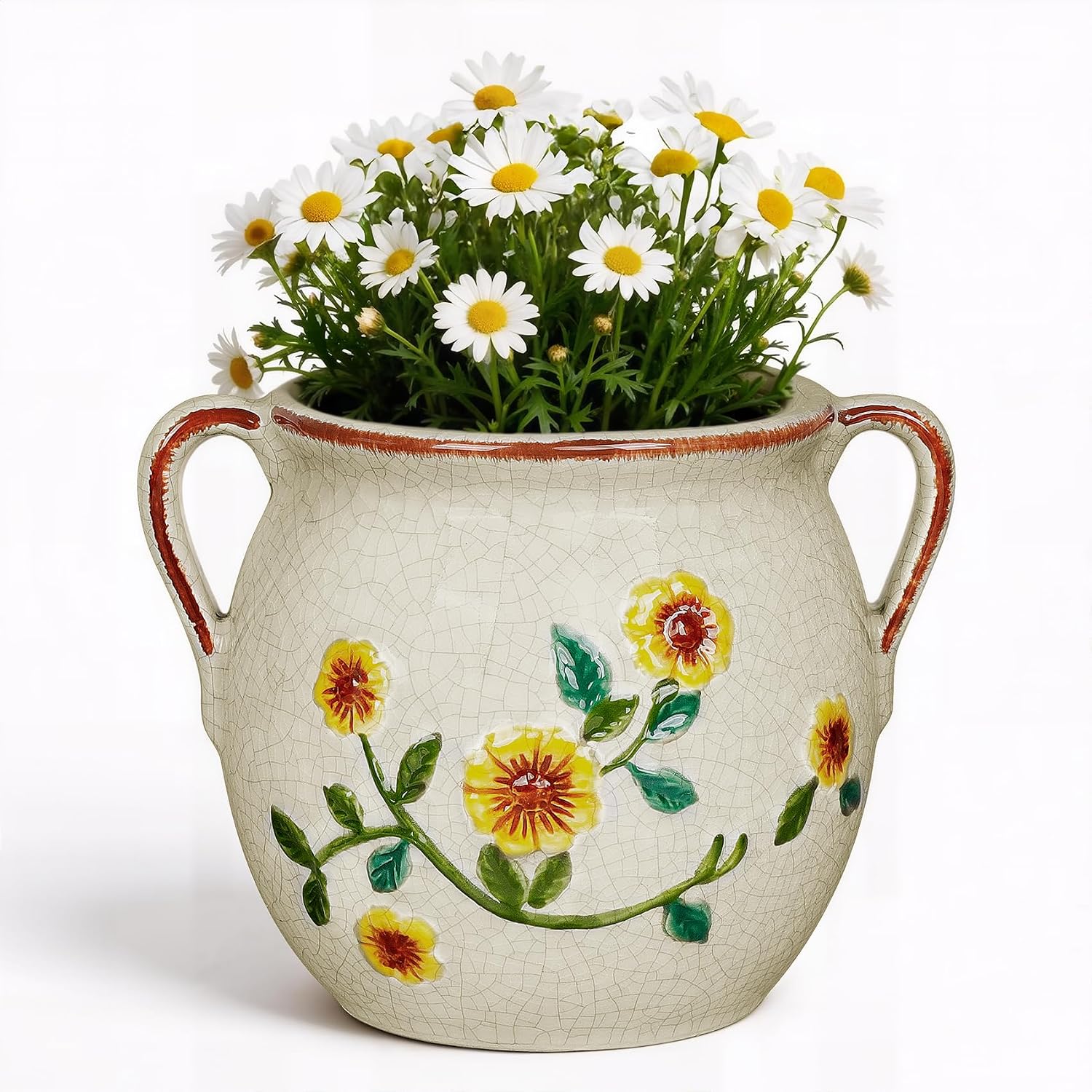 EFISPSS 6 Inch Vintage Ceramic Flower Pot with Relief Design & Handles,Ceramic Cracked Flower Pot with Drainage Hole