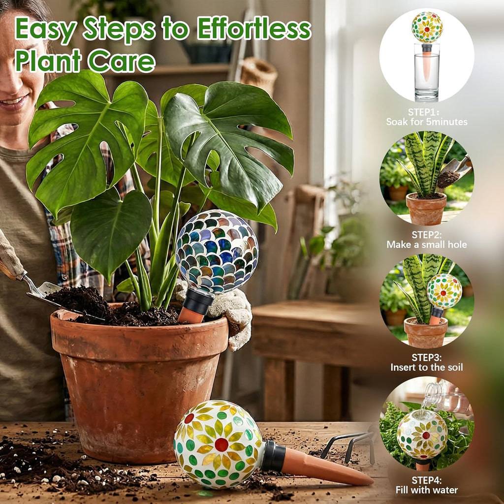 Plant Watering Globes Mosaic Self Watering Spikes 2 Pack | Indoor Outdoor Plants Automatic Plant Waterer Plant Watering