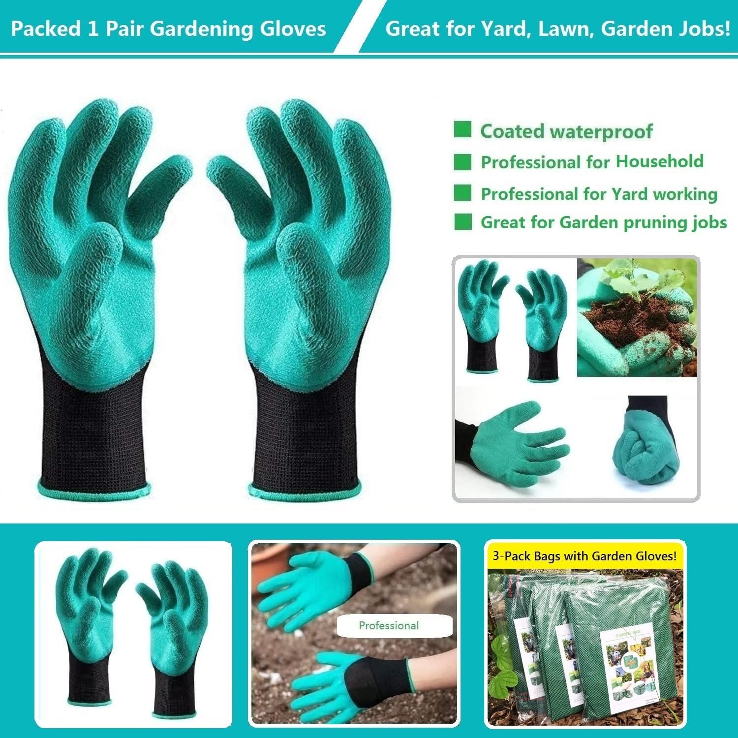 Standard 3-Pack 32 Gallon Lawn Garden Bags (D18,H30 inch) Yard Waste Bags with Gardening Gloves - Reusable Leaf