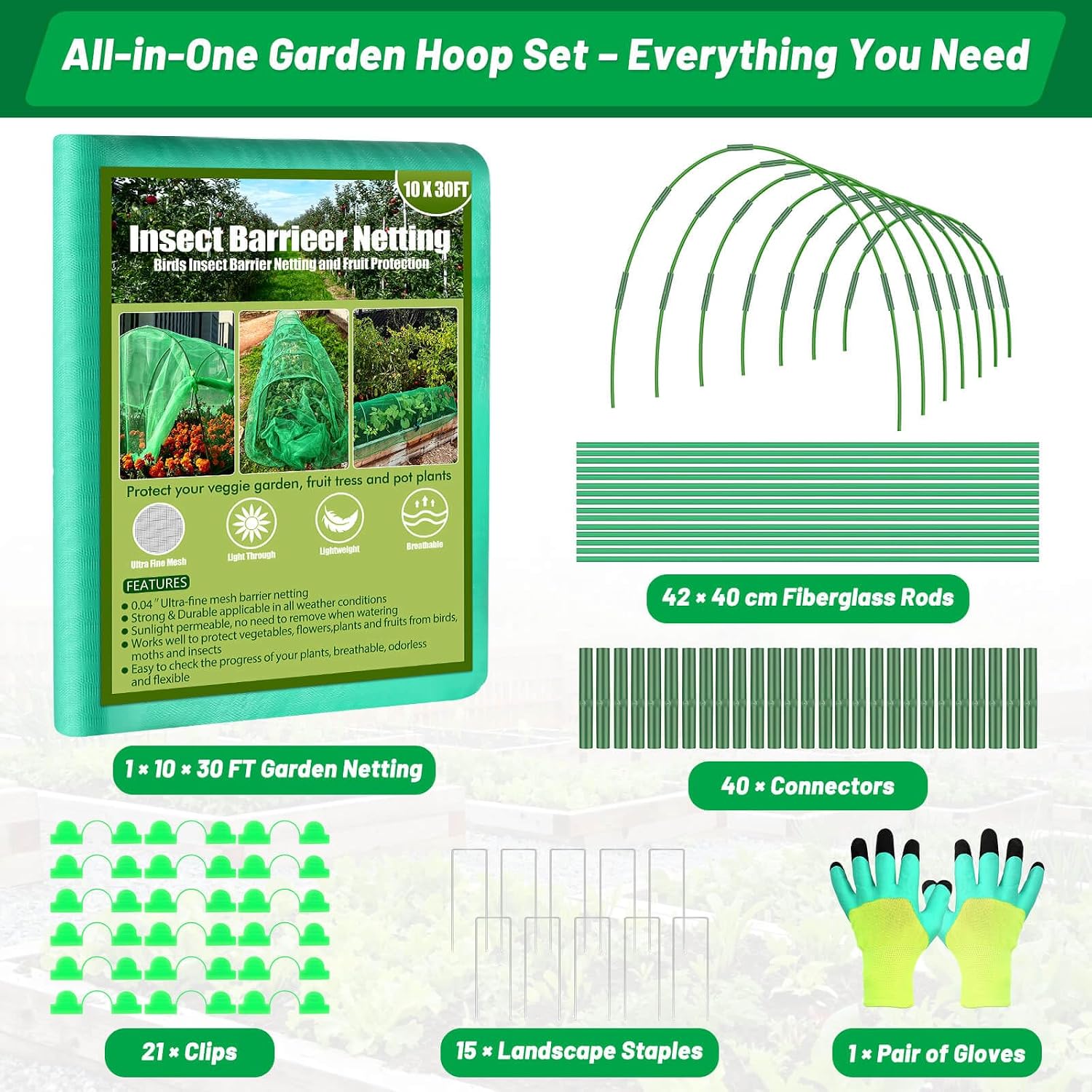 Garden Mesh Netting Kit, 7 Sets Garden Hoops with 10x30 ft Garden Covers | Bird Netting with 12 Clips, Garden