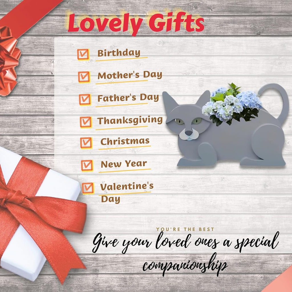 British Short Cat Planter Pots, Animal Shaped Flower Pot | Cute Plant Gift for Women and Pet Lovers, Indoor Outdoor
