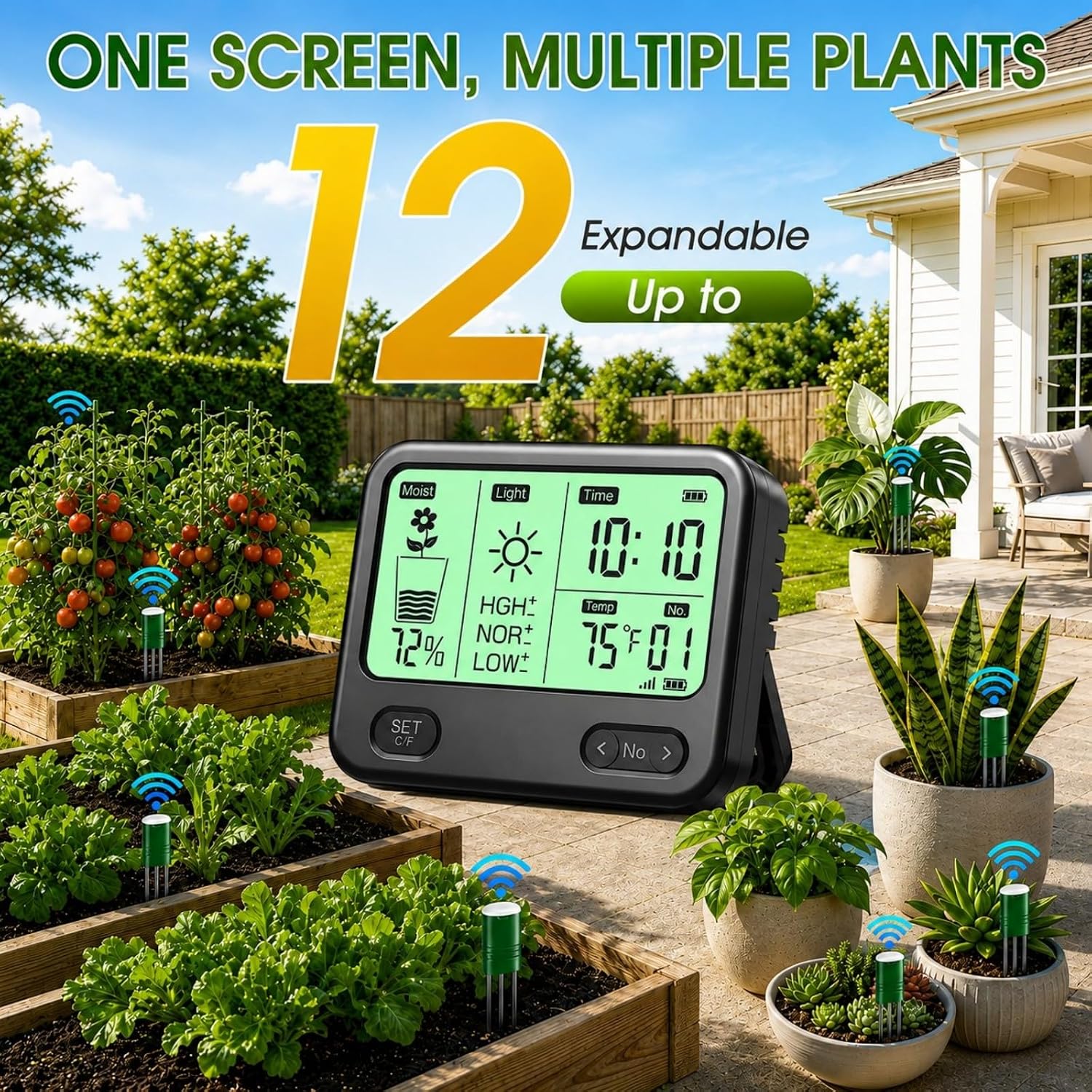4-in-1 Soil Moisture Meter for Plants ,Soil Temperature /Moisture /Sunlight Time, Large Screen, Garden Soil Tester for