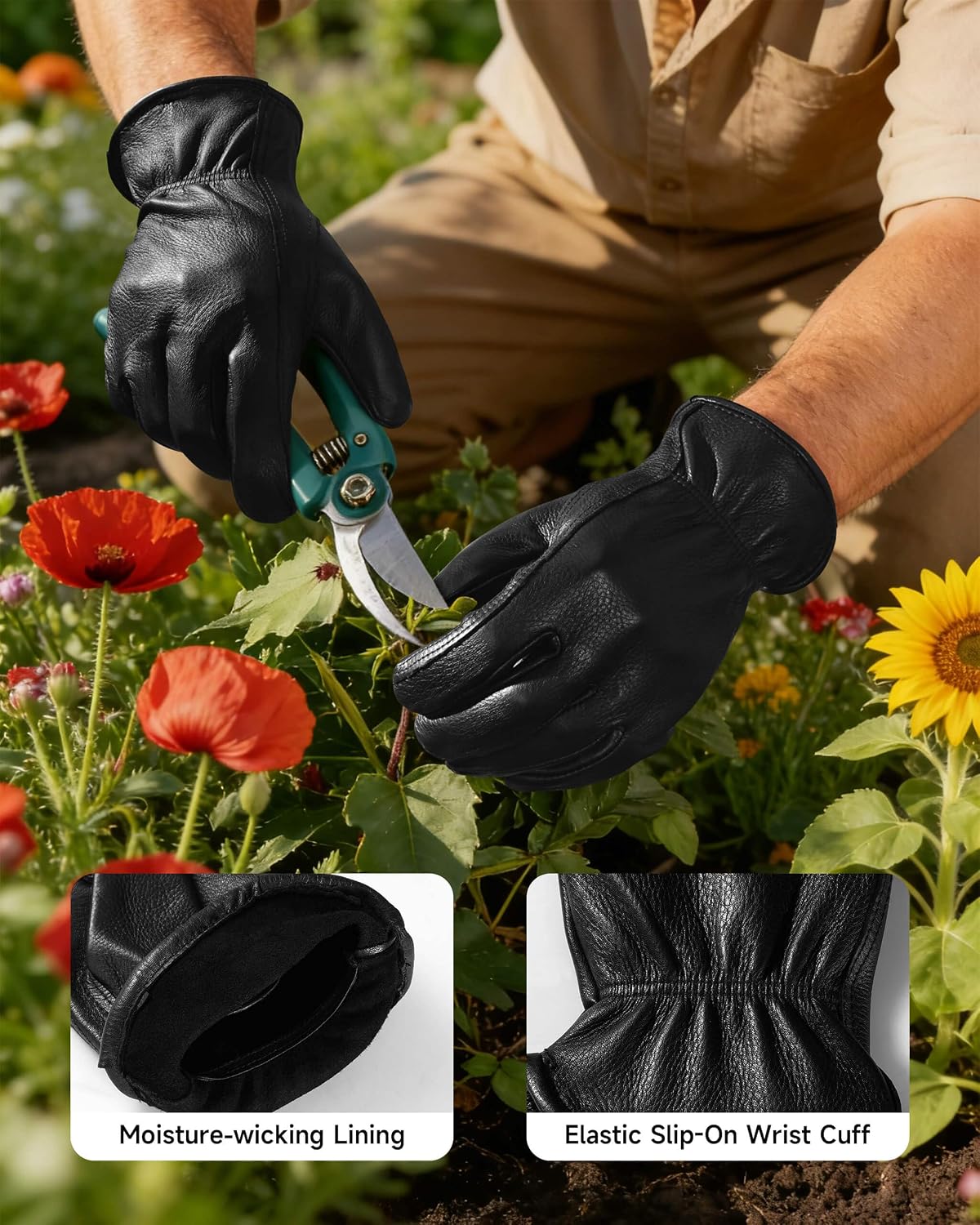 OZERO Leather Garden Gloves: Soft Breathable Deerskin Gloves (Black, L) | for Driving, Motorcycle, Horse Riding