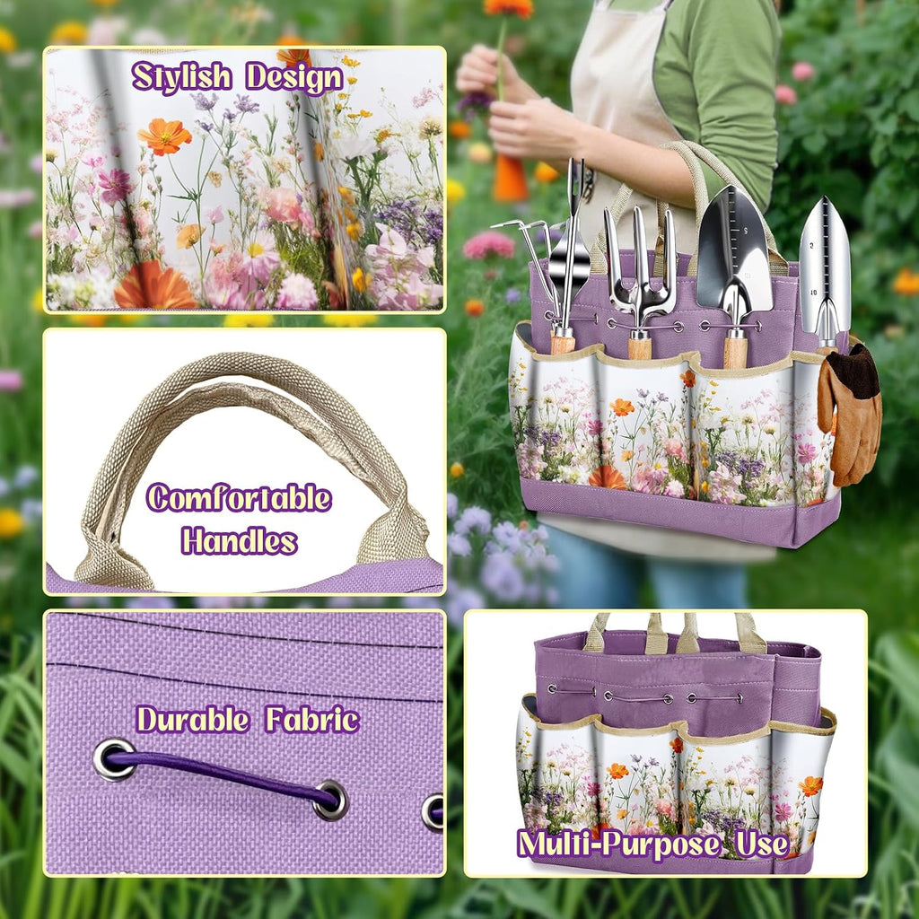 Gardening Tools 9 Pcs Garden Tool Set Stainless Steel Purple Tote Bag Gifts | 9-Piece Gardening Gifts, Rust-Proof