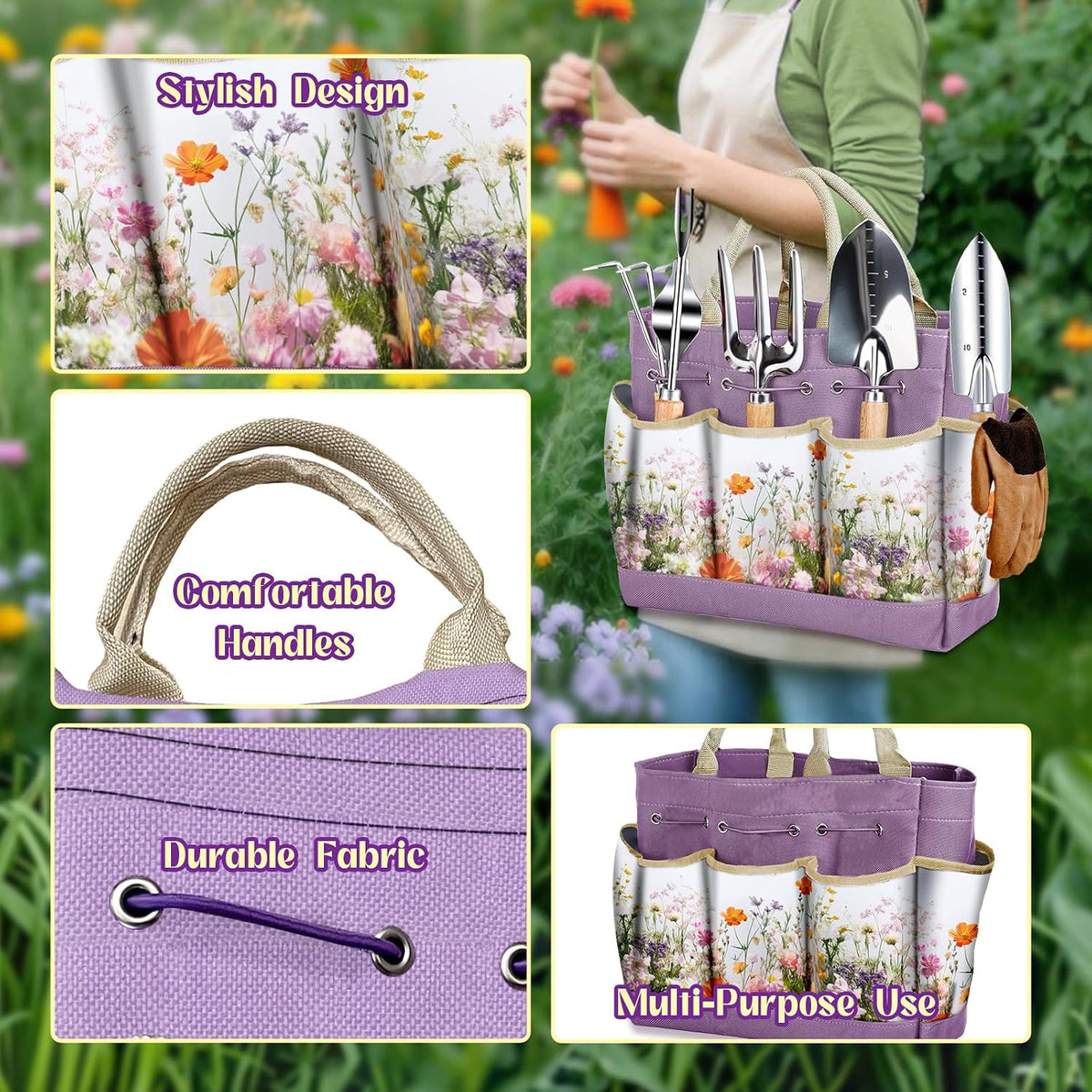 Gardening Tools 9 Pcs Garden Tool Set Stainless Steel Purple Tote Bag Gifts | 9-Piece Gardening Gifts, Rust-Proof