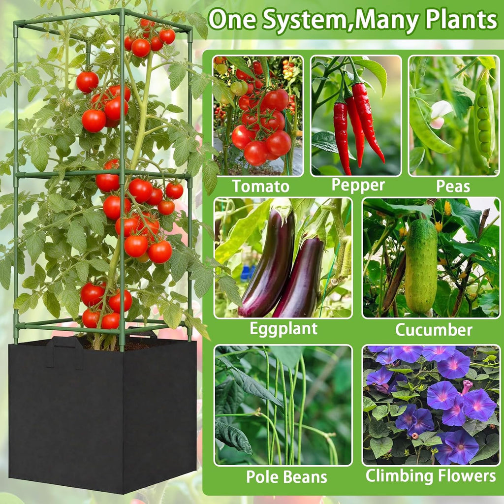 Tomato Cages for Garden, Tomato Planter with Trellis, 48in Tall Square Tomato Trellis with 18 Gallon Grow Bags, Patio &