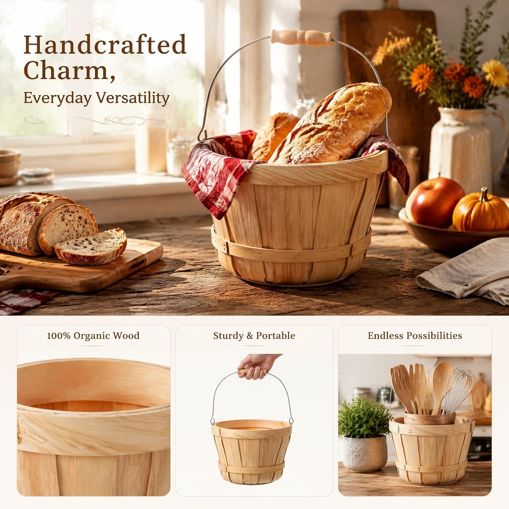 Okllen 2 Pack Round Wooden Baskets with Handle, Empty Wood Fruit Buckets, Easter Basket Fall Harvest Basket for Display