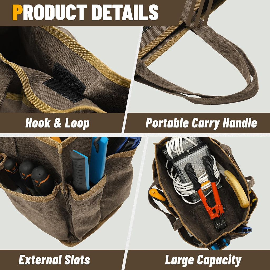 16OZ Waxed Canvas Tool Tote Bag for Garden Tools Wrench Set & Screwdrivers | 11-Pocket Garden Tool Bag with Portable