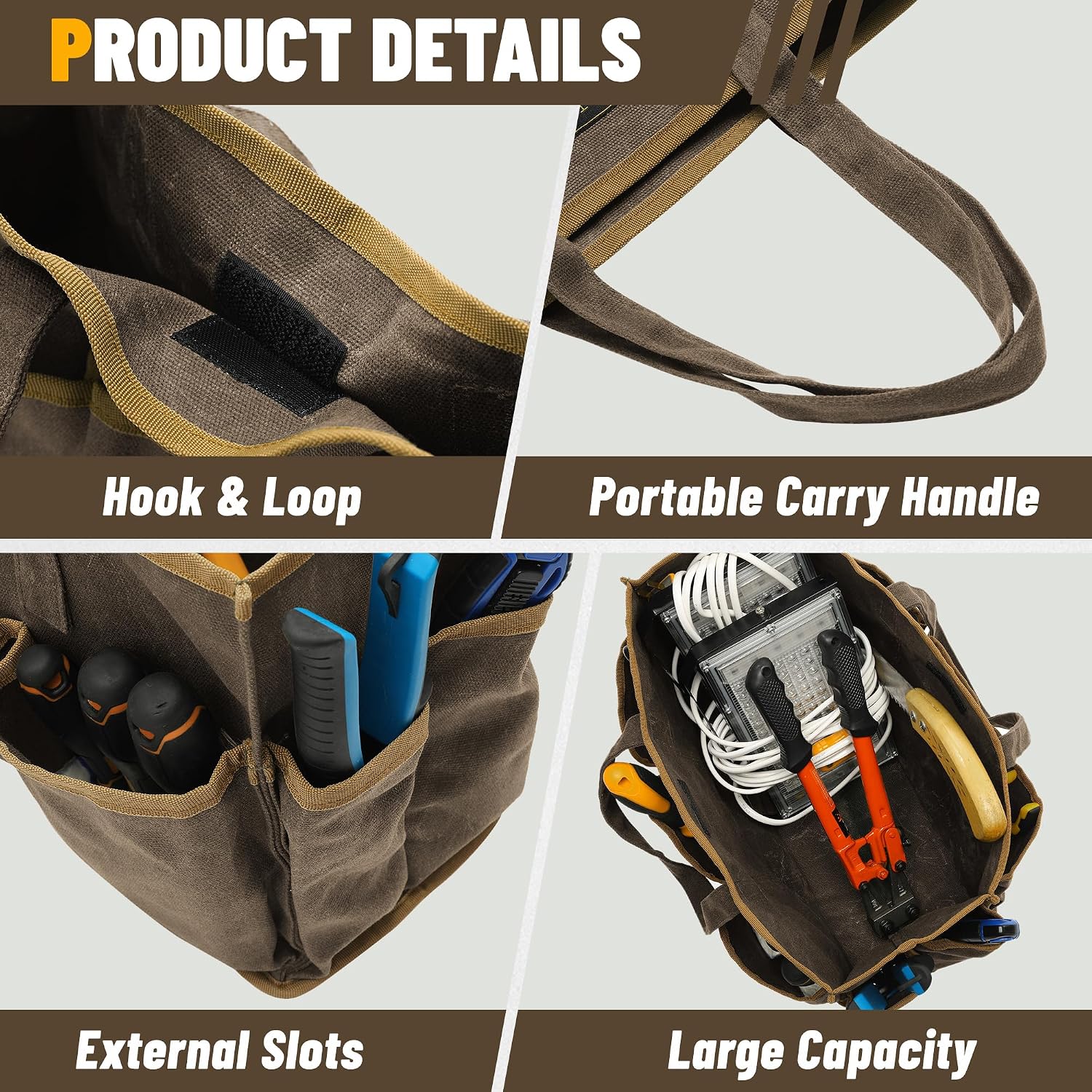 16OZ Waxed Canvas Tool Tote Bag for Garden Tools Wrench Set & Screwdrivers | 11-Pocket Garden Tool Bag with Portable