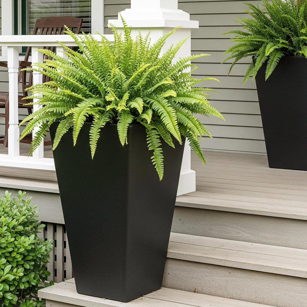 Worth Garden 20" Tall Planters Set of 2 – Large Black Tapered Plastic Flower Pots for Indoor & Outdoor Use – Modern