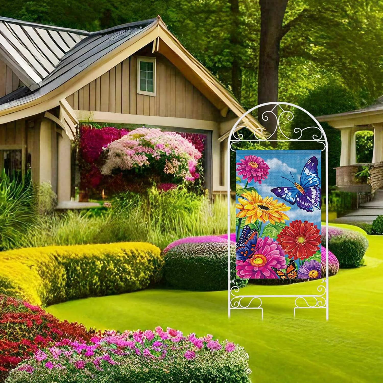 Liitrton Garden Flag Holder Stand Fits Max 14" x 25" Outside Flags, White | Yard Flag Holder | Decorative Metal Garden