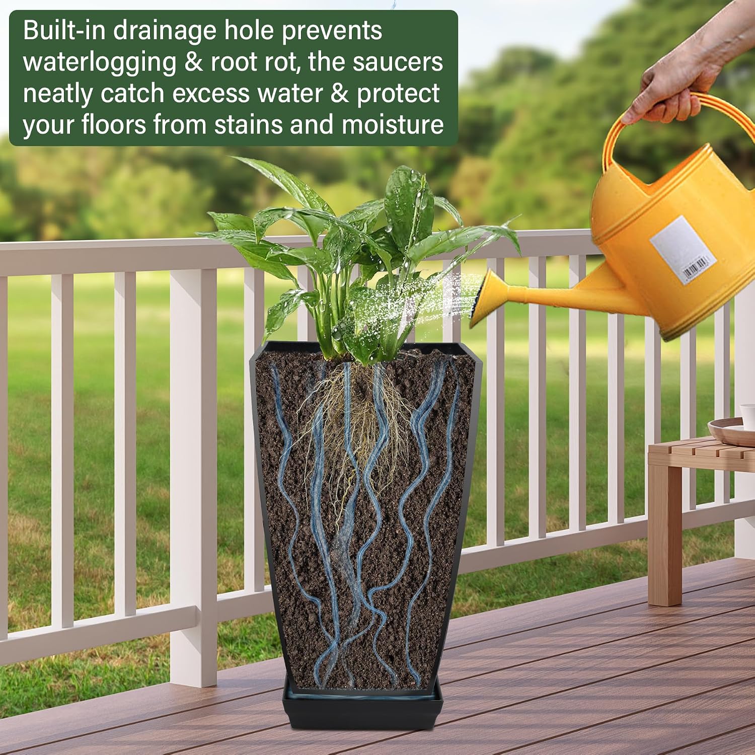 Neoaider Set of 2 Tall Planter, 21 inch Large Plastic Planter, Cement Gray | Ceramic-Look, Lightweight, Built-in Drain