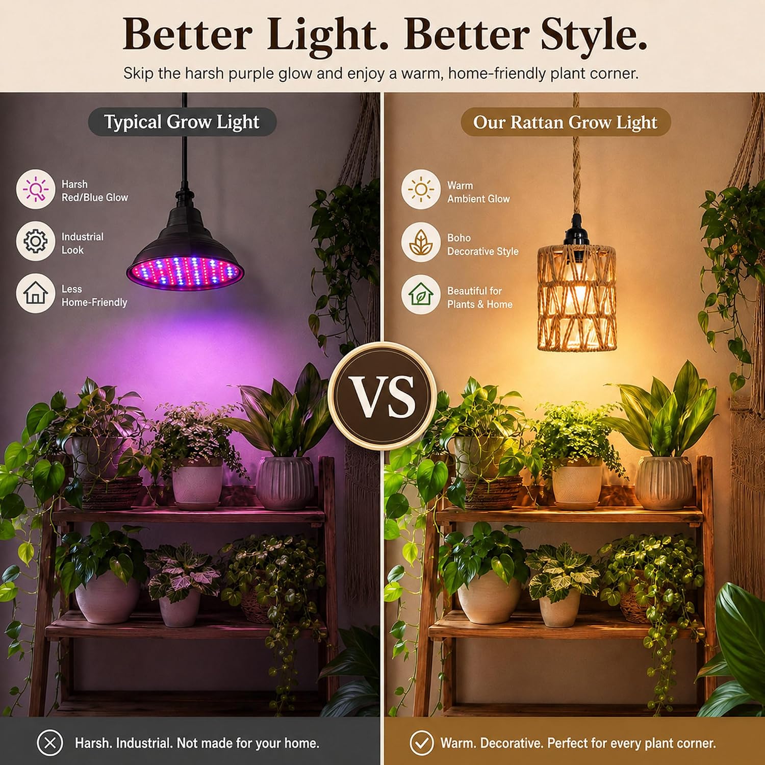 2 Pack Hanging Grow Lights for Indoor Plants Boho Rattan Plant Light | 15FT Power Cord with Timer, 15W Full Spectrum