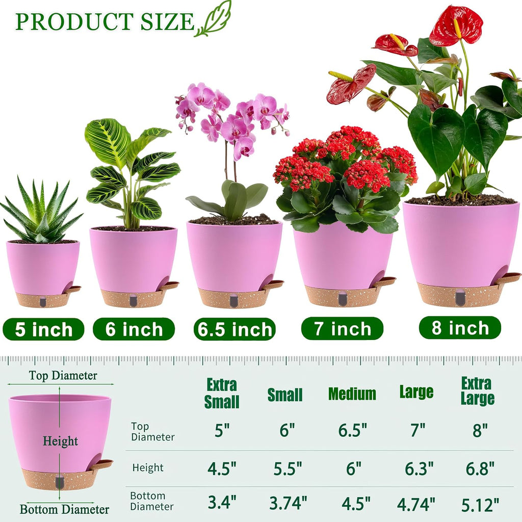 Self Watering Pots for Inoor Ourdoor Plants 8/7/6.5/6/5 Inch, 5 Pack | Plastic Planters with Drainage Holes & Water