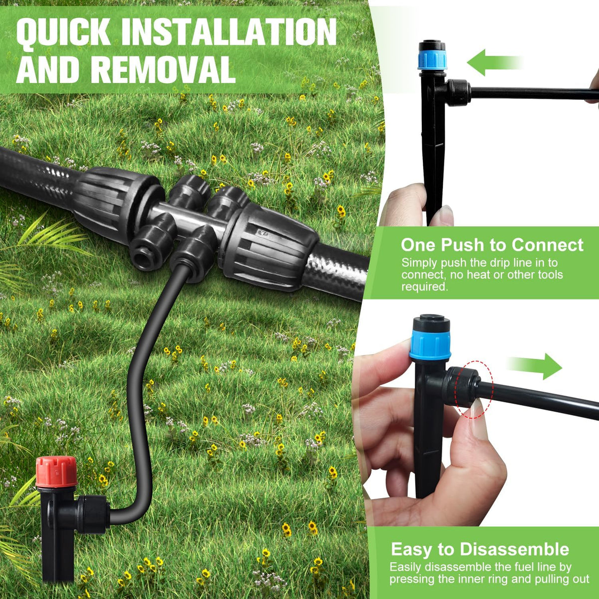 230FT Drip Irrigation System for Garden with 40 Nozzles & Emitters, Garden Watering System with 1/2" & 1/4" Tube and