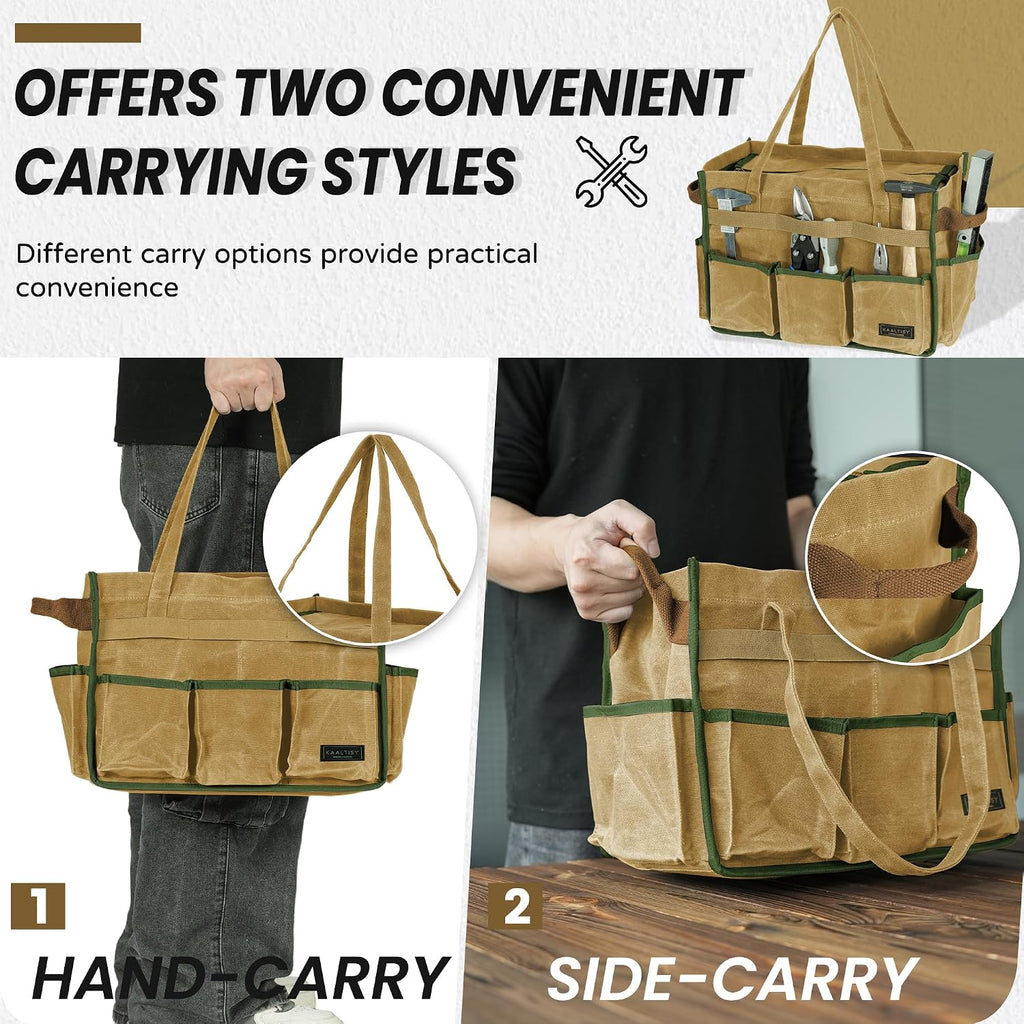 Canvas Tool Bag, 16OZ Waxed Canvas Tool Tote Bag with Metal Zipper & 12-Pocket Design, Multi-Purpose Garden Tool
