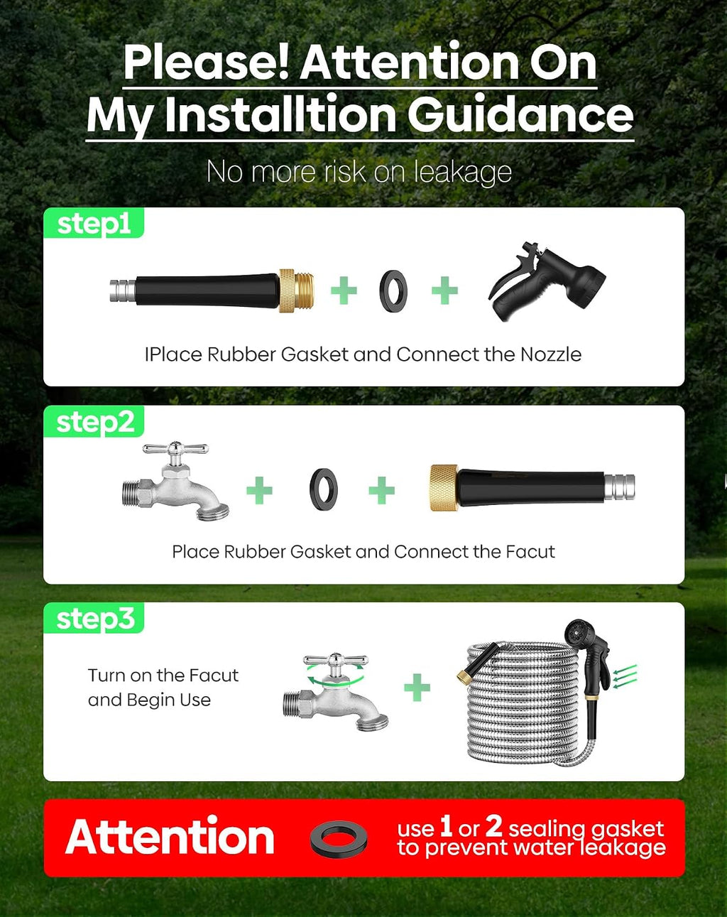BlueGarden Metal Garden Hose 50 ft with 10 Function Nozzle,No Kinking,Flexible,Heavy Duty & Lightweight Water