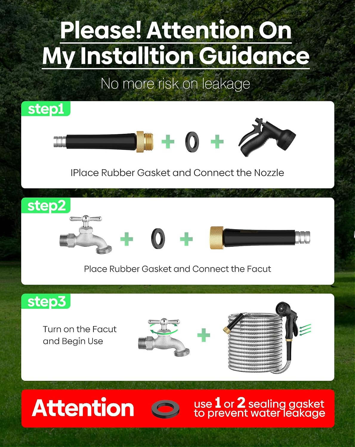 BlueGarden Metal Garden Hose 50 ft with 10 Function Nozzle,No Kinking,Flexible,Heavy Duty & Lightweight Water
