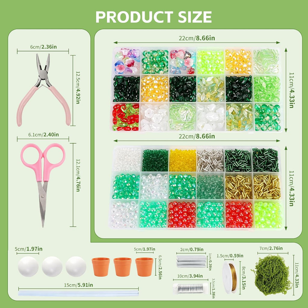 DREVIONARA 6384pcs Beaded Plants Kit Magnets for Fridge,Forever Plant Kit with Green Beads Leaf Glass Flowers for